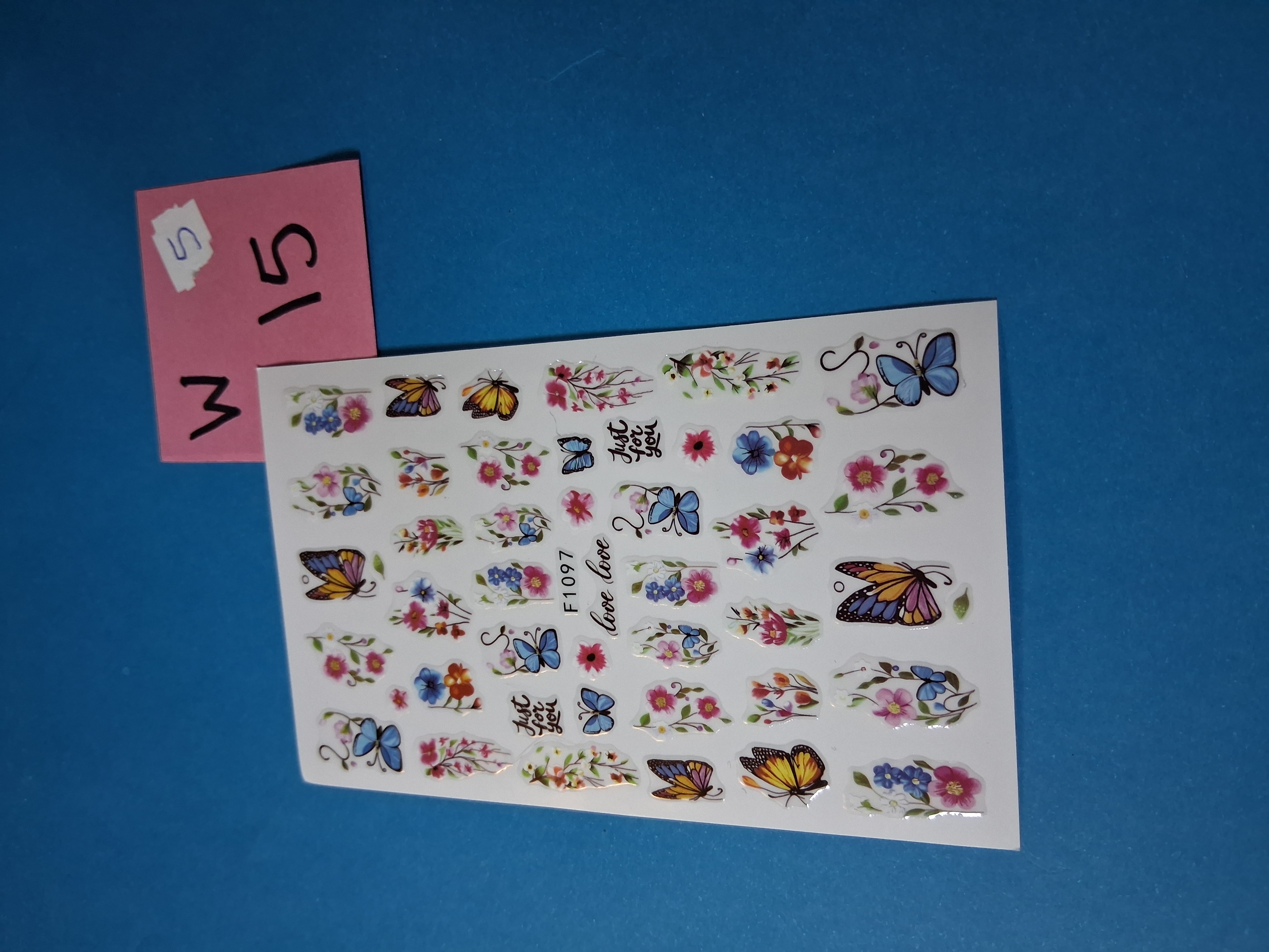 Nail Art Stickers — INV 15W-5 Butterflies & Wildflowers "Just For You" (F1097, 1 sheet)